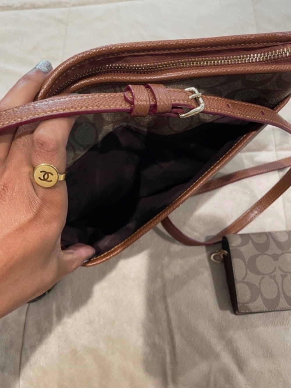 Coach Brown Leather Canvas Crossbody Bag Matching Wallet Signature Print Unisex - Picture 8 of 15